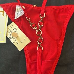 NWT Vintage sexy RED satin jeweled thong panties. Sz. Medium. Red jewels on back